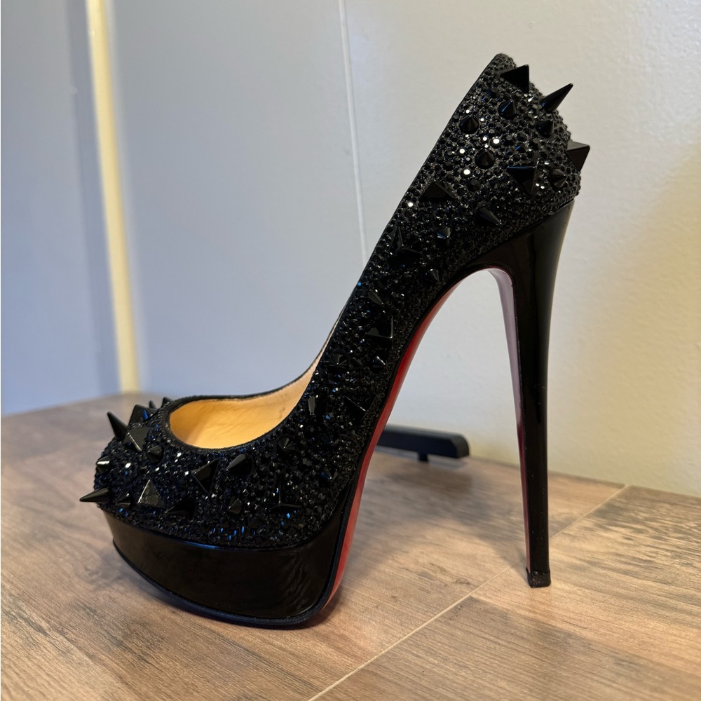 Christian Louboutin, high heel peep toe, spikes & chrystals, size 7,5
